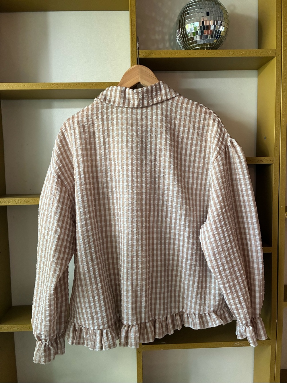 Gingham Ruffle Hem Button-Front Women's Top - Cream & Tan - Picture 3 of 3